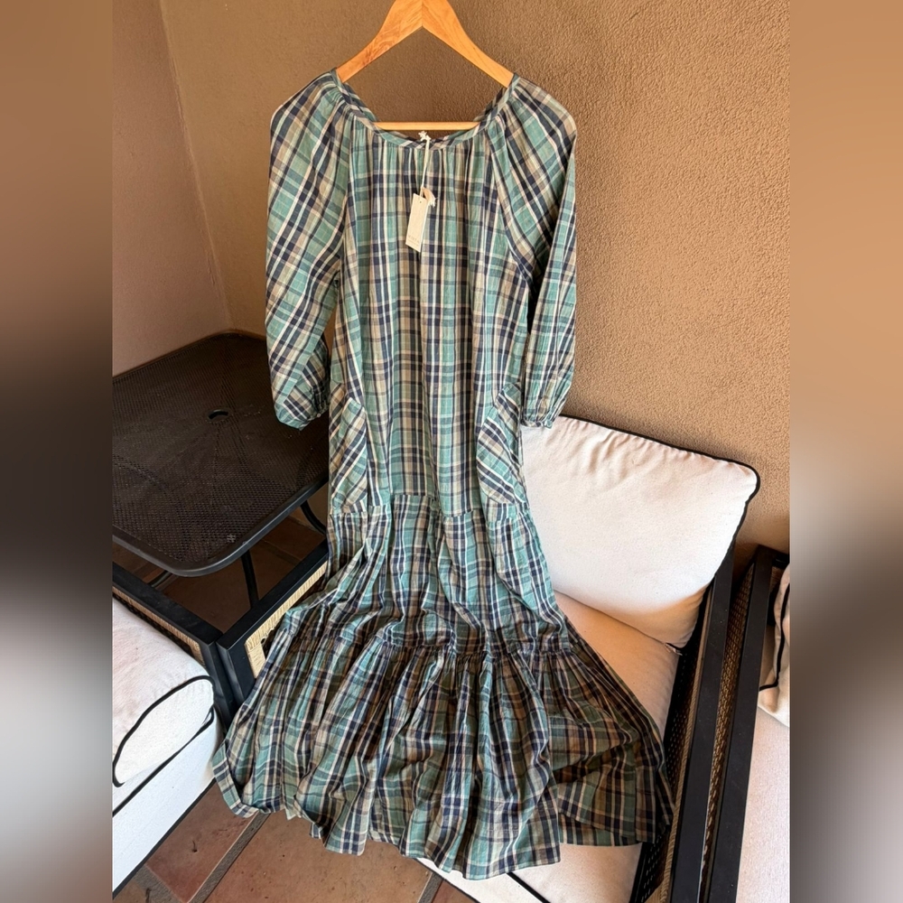 NWT MIRTH Ostuni Ocean Plaid Cotton Handloomed w/ Pockets Maxi Dress